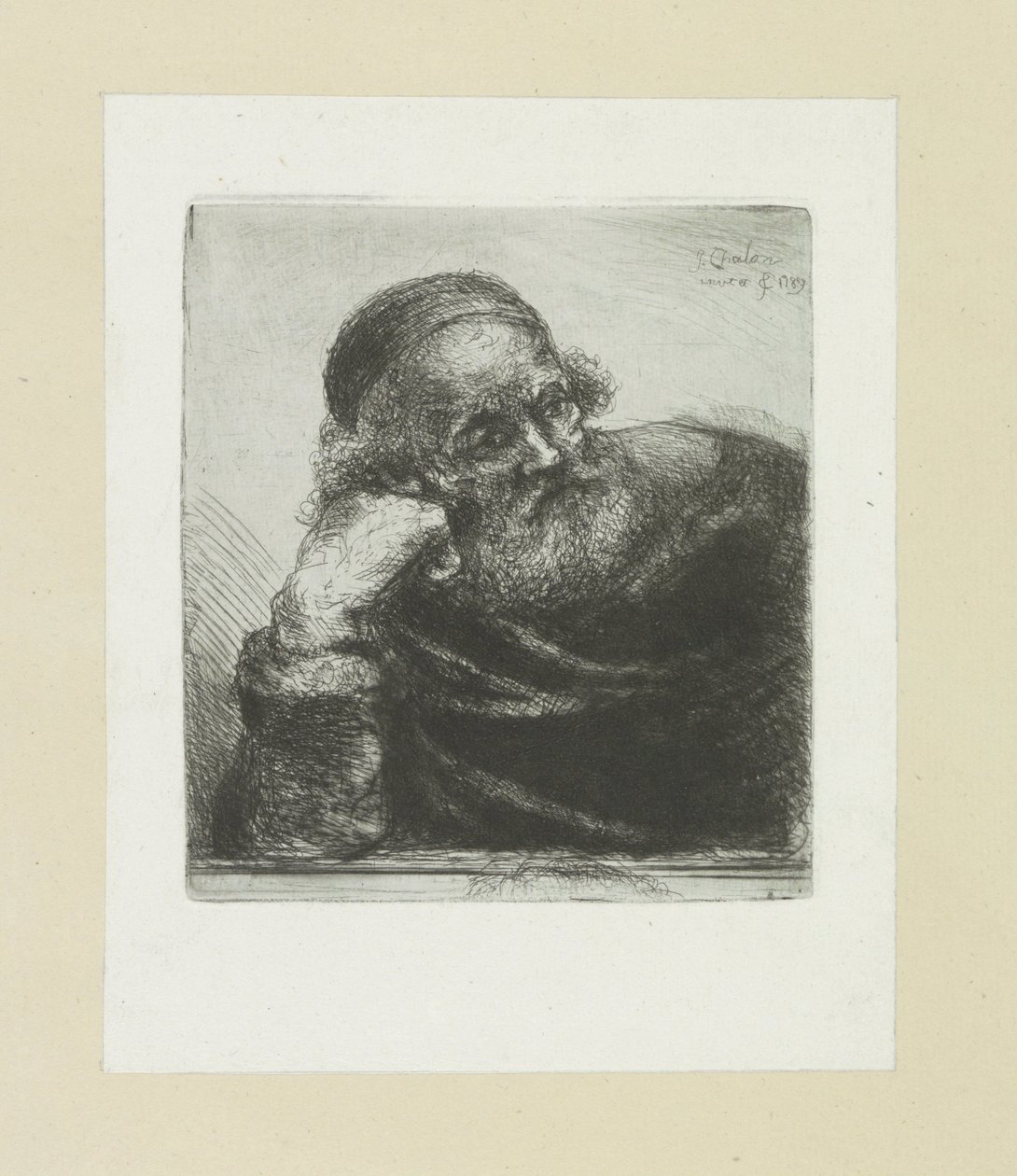 Starý muž se opíral o pravou paži The Compleat Work of Etchings od Johna Chalona / Oeuvre Complette des Eaux Fortes od Jeana Chalona (název série) od Jan Chalon