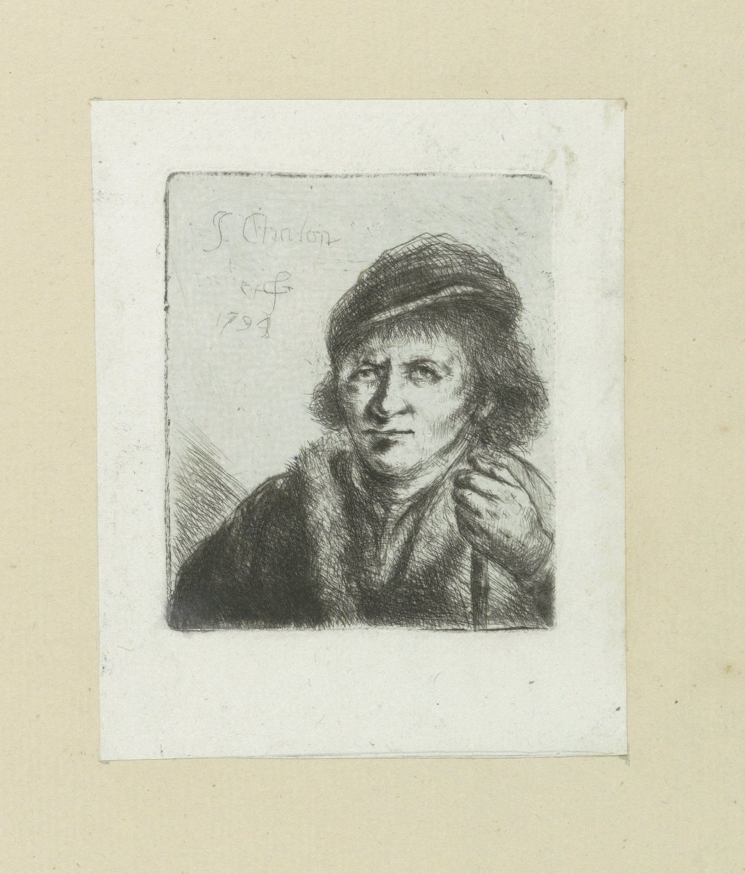 Volwassen muž dává motyku do stok The Compleat Work of Etchings od Johna Chalona / Oeuvre Complette des Eaux Fortes par Jean Chalon (název série) od Jan Chalon