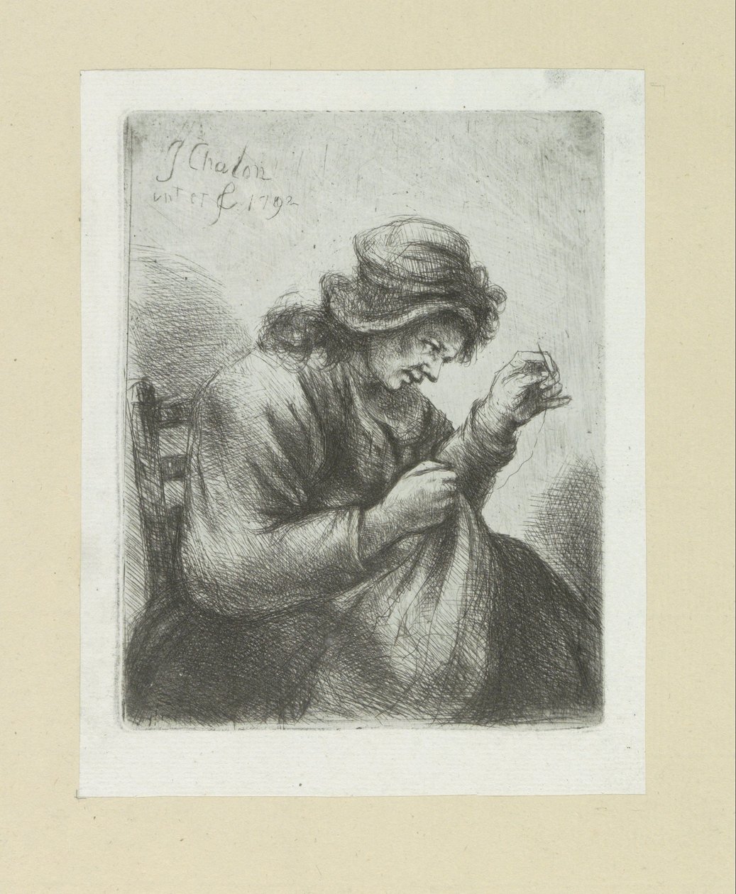 Vrouw staví naalda do draadu The Compleat Work of Etchings od Johna Chalona / Oeuvre Complette des Eaux Fortes par Jean Chalon (název série) od Jan Chalon