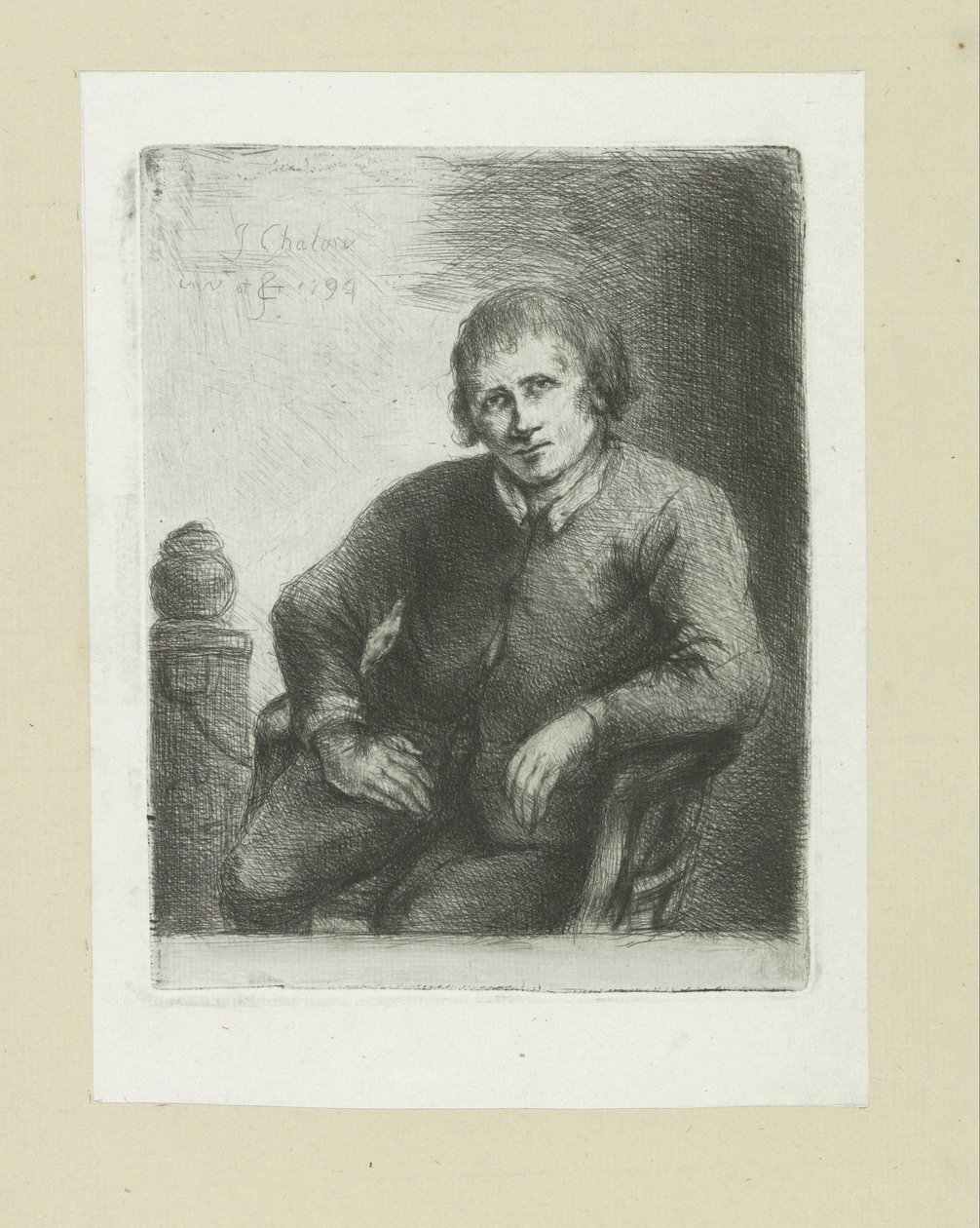Sedí vedle sloupu The Compleat Work of Etchings od Johna Chalona / Oeuvre Complette des Eaux Fortes par Jean Chalon (název série) od Jan Chalon