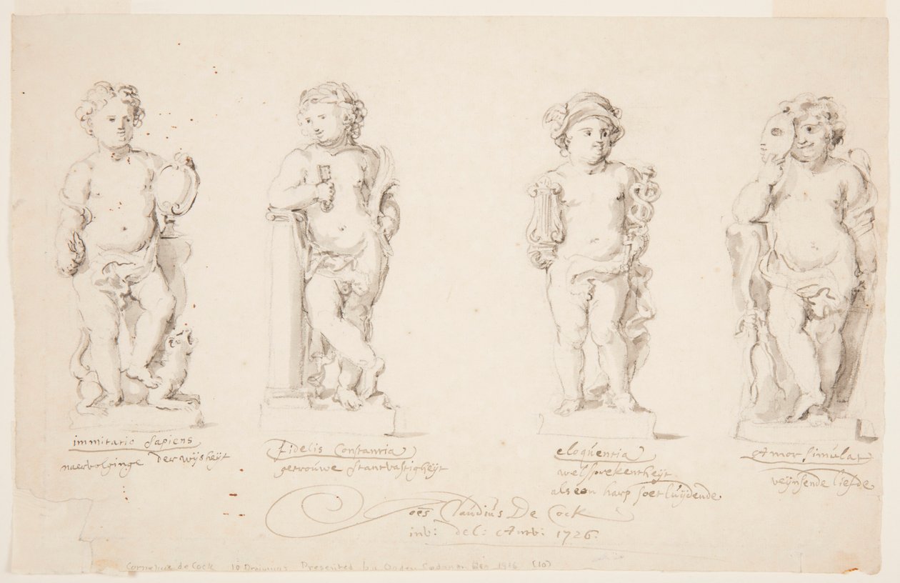 Kresba, Projekty soch: "Moudrost". "Stálost." "Výřečnost." "Převlečený Amor", 1726. od Jan Claudius de Cock