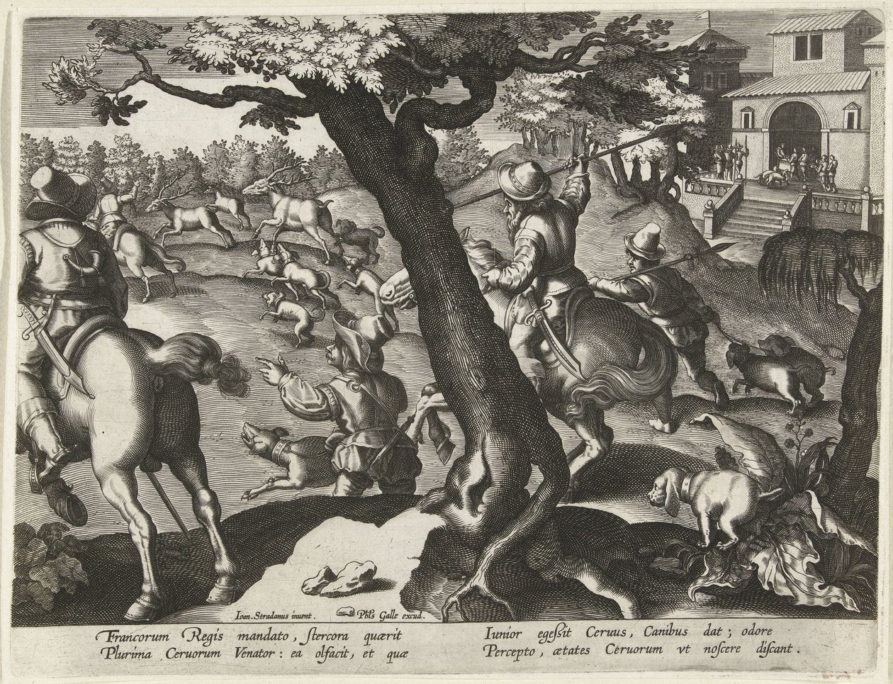 Hertenjacht se setkal s hondenem Jachttaferelen (název série) Lov divoké zvěře, drůbeže a ryb v Bestiáři (název série) od Jan Collaert (II) (attributed to)