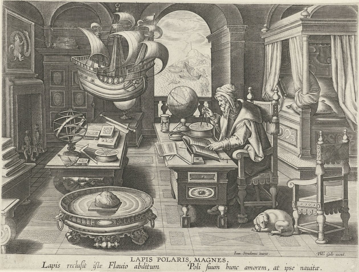 Vynález kompasu Lapis Polaris, Magnes (titul na objektu) Nové vynálezy a objevy (název série) Nova Reperta (název seriálu) od Jan Collaert (II) (attributed to)