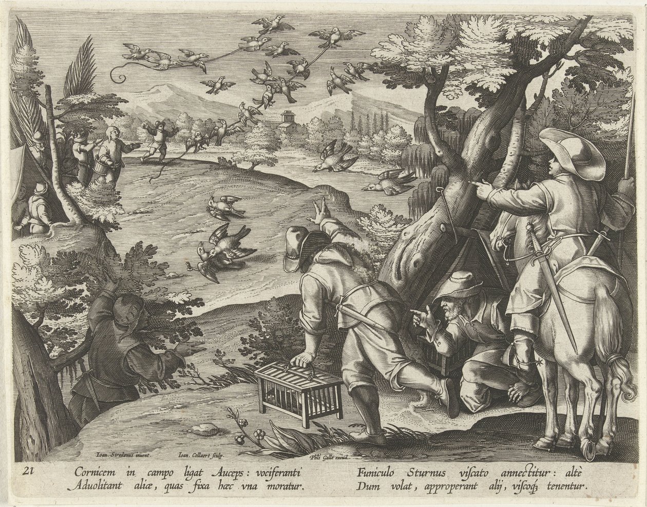Jacht op kraaien en spreeuwen Jachttaferelen (název série) Lov divoké zvěře, drůbeže a ryb v Bestiáři (název série) od Jan Collaert (II)