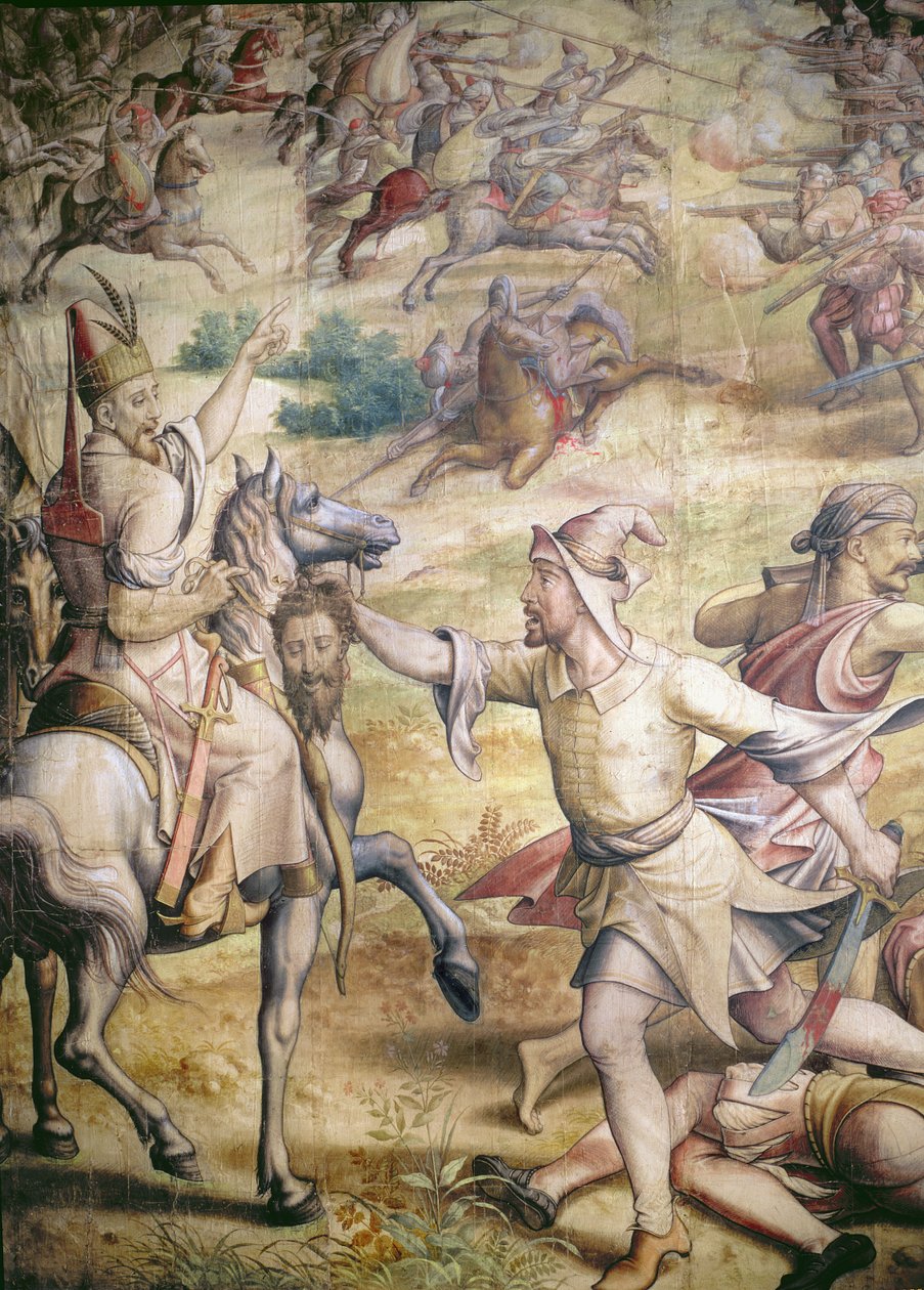 Tažení císaře Karla V. 1500-58 proti Turkům u Tunisu v roce 1535: Dobytí Goletty, detail pěšáka držícího hlavu bez těla, karikatura pro gobelínový uhel a wc na papíře od Jan Cornelisz Vermeyen