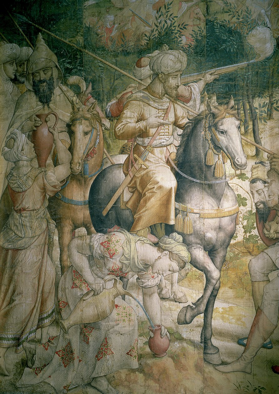 Tažení císaře Karla V. proti Turkům u Tunisu v roce 1535: porážka Turků v bitvě u Goletty, detail jezdců hasících žízeň, karikatura na gobelínový uhel a wc od Jan Cornelisz Vermeyen
