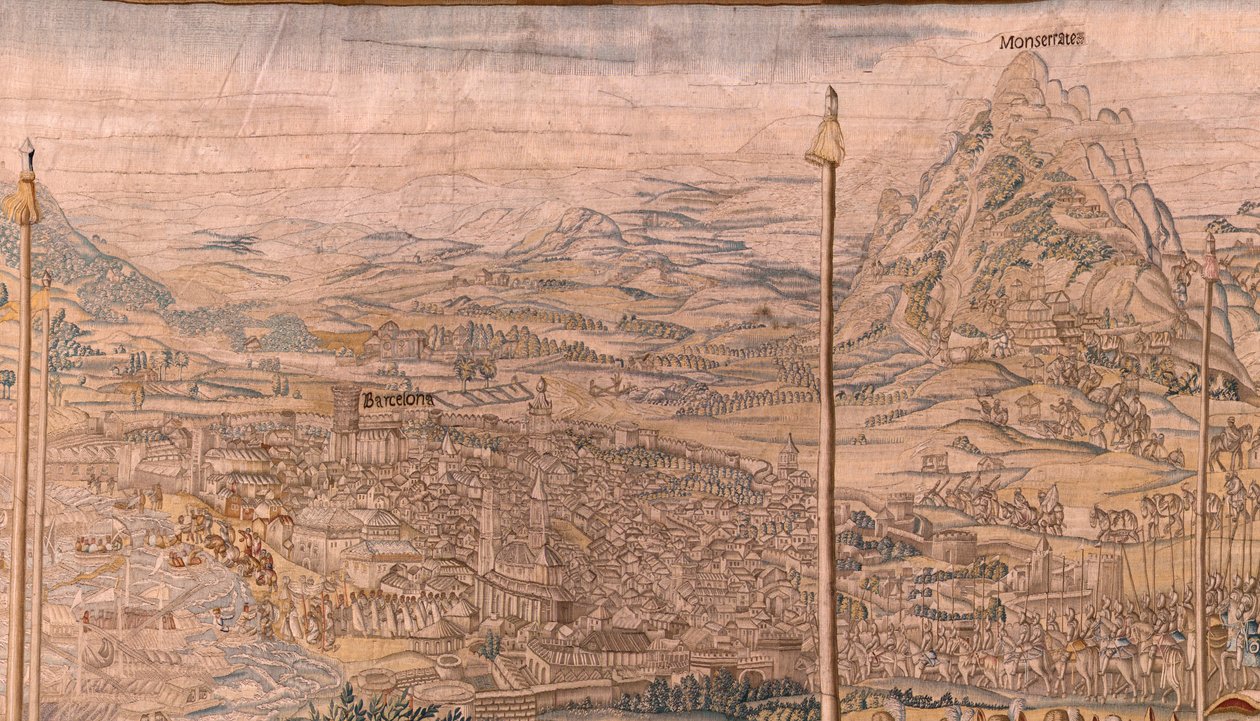 Vlámský gobelín. série Dobytí Tunisu; Recenze jednotek v Barceloně (La revista de las tropas en Barcelona). Druhá tapisérie v sérii. Model Jan Vermeyen a Pieter Coecke van Aelst. 1543-1548. Výroba Real Fábrica de Tapices de Sant od Jan Cornelisz Vermeyen