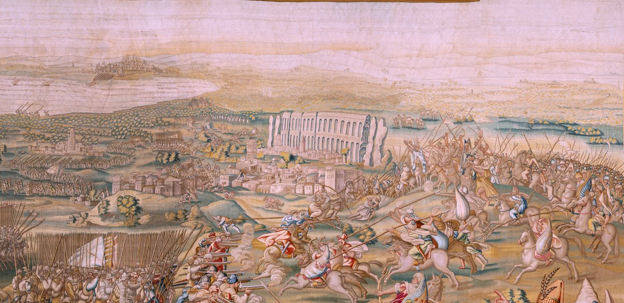 Vlámský gobelín. Seriál Dobytí Tunisu. Útok na La Goleta (Ataque a la Goleta). Čtvrtá tapisérie v sérii. Model Jan Vermeyen a Pieter Coecke van Aelst. 1543-1548. Výroba Real Fábrica de Tapices de Santa Bárbara, Madrid od Jan Cornelisz Vermeyen