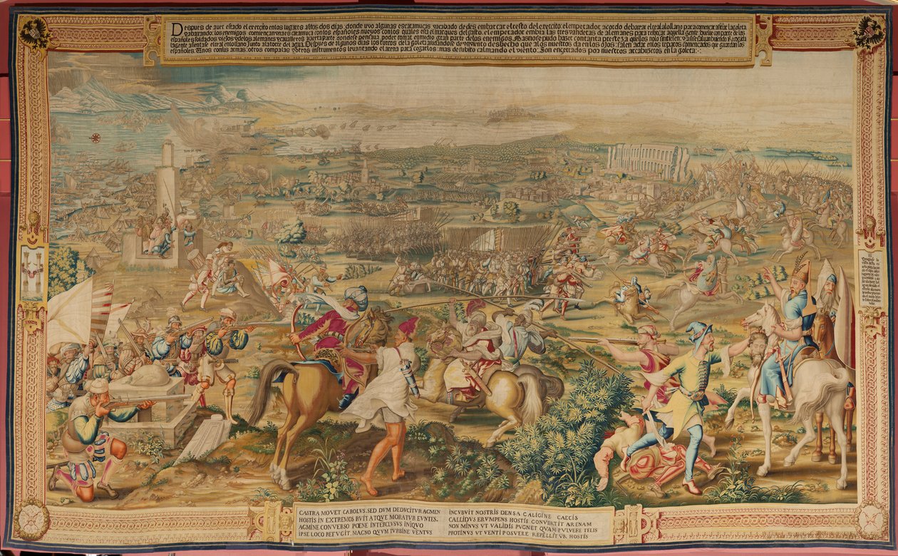 Vlámský gobelín. Seriál Dobytí Tunisu. Útok na La Goleta (Ataque a la Goleta). Čtvrtá tapisérie v sérii. Model Jan Vermeyen a Pieter Coecke van Aelst. 1543-1548. Výroba Real Fábrica de Tapices de Santa Bárbara, Madrid od Jan Cornelisz Vermeyen