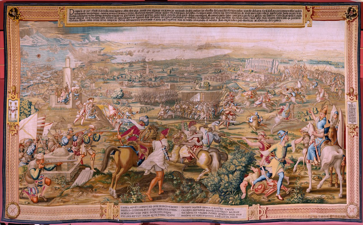 Vlámský gobelín. Seriál Dobytí Tunisu. Útok na La Goleta (Ataque a la Goleta). Čtvrtá tapisérie v sérii. Model Jan Vermeyen a Pieter Coecke van Aelst. 1543-1548. Výroba Real Fábrica de Tapices de Santa Bárbara, Madrid od Jan Cornelisz Vermeyen