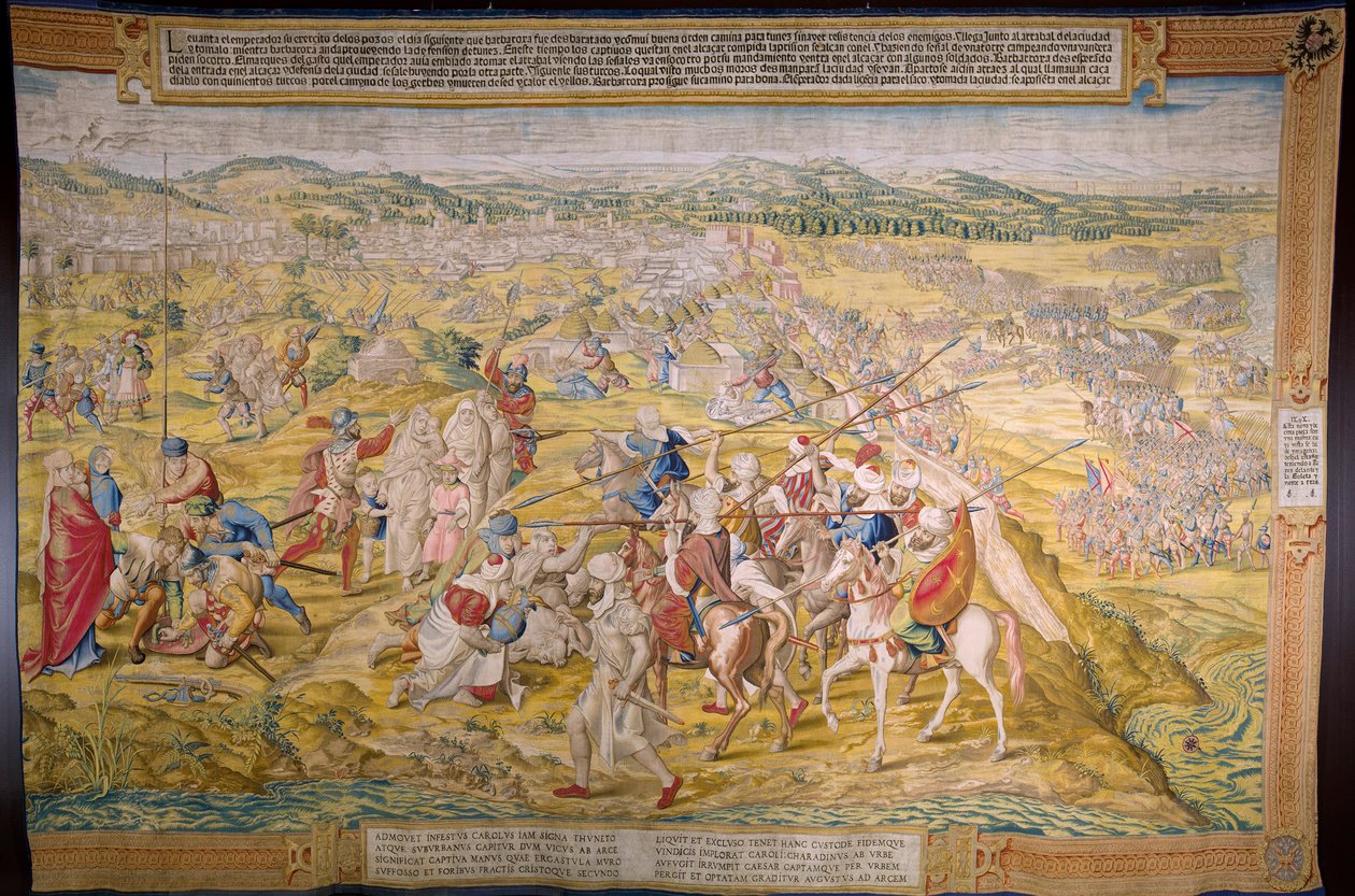 Vlámský gobelín. Seriál Dobytí Tunisu: Dobytí Tunisu. Karikaturista Jan Cornelisz Vermeyen. Studio Willem de Pannemaker, Brusel. asi 1545. od Jan Cornelisz Vermeyen