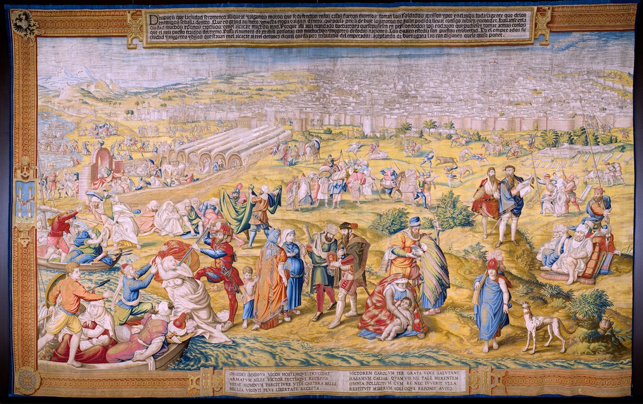 Vlámský gobelín. Seriál Dobytí Tunisu: Vykradení Tunisu. Karikaturista Jan Cornelisz Vermeyen. Studio Willem de Pannemaker, Brusel. asi 1545. od Jan Cornelisz Vermeyen