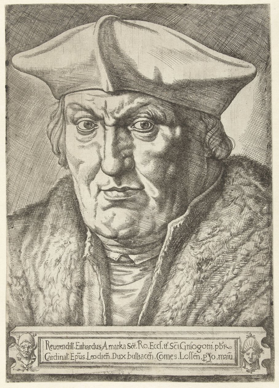 Portrét Erarda de la Marcka, prince-biskupa z Lutychu Reerendill Euhardus Amarka ... bulliacen Comes Lossen (název na objektu) od Jan Cornelisz Vermeyen