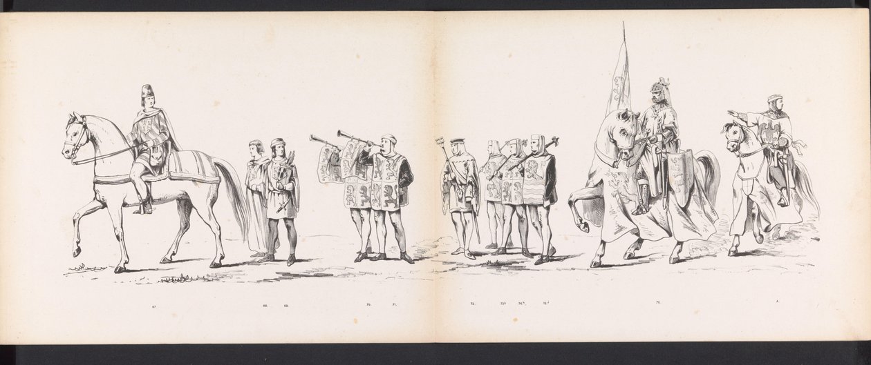 Maškaráda leidenských studentů, 1865 (deska 6) Kostýmovaný průvod členů leidenského studentského sboru 6. června 1865 na oslavu 290. výročí Leidsche Hoogeschool, zobrazující: vstup Nizozemců v r. od Jan Daniël Cornelis Carel Willem baron de Constant Rebecque