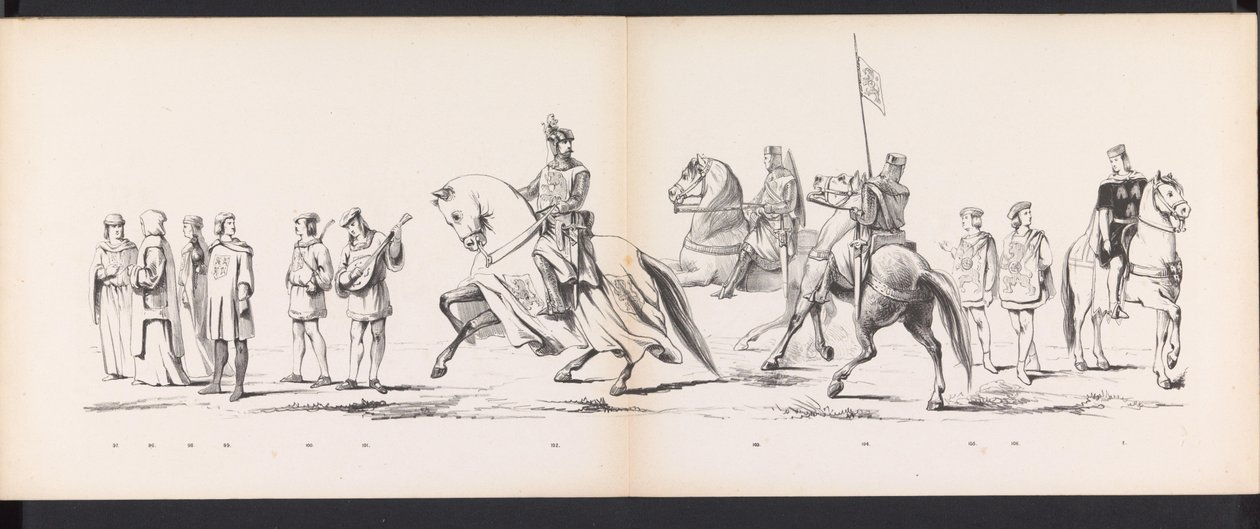 Maškaráda leidenských studentů, 1865 (deska 8) Kostýmovaný průvod členů leidenského studentského sboru 6. června 1865 na oslavu 290. výročí Leidsche Hoogeschool, zobrazující: vstup Nizozemců v r. od Jan Daniël Cornelis Carel Willem baron de Constant Rebecque
