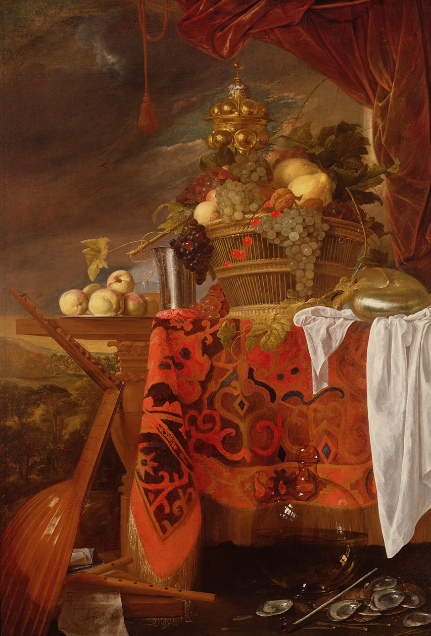 Košík míchaného ovoce se zlaceným pohárem, stříbrným kalichem, nautilem, sklenicí a broskvemi na talíři od Jan Davidsz de Heem