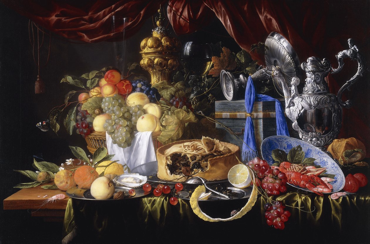 Koláč na cínovém talíři, částečně oloupaný citron, stříbrná lžíce na cínovém talíři, rak a krevety v misce Wanli Kraak Porselein, 1649 od Jan Davidsz de Heem