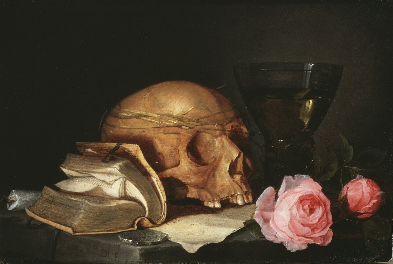 Zátiší Vanitas s lebkou, knihou a růžemi, c.1630 od Jan Davidsz de Heem