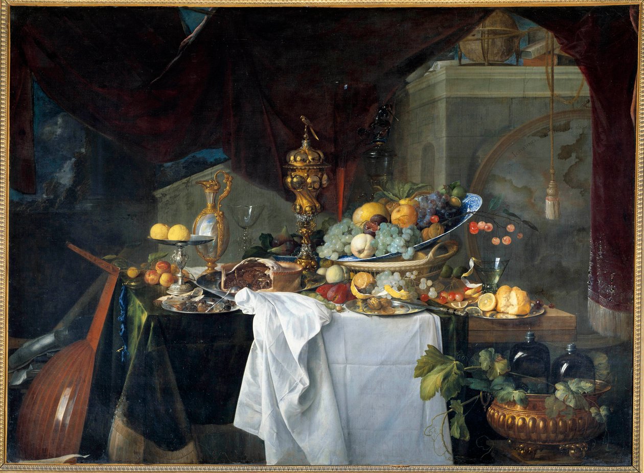 Zátiší stolní dezert pokrytý nádobím s hudebním nástrojem. Obraz Jana Davida Heema (1606-1684) 1640 Ne. 1,49x2,03 m od Jan Davidsz de Heem