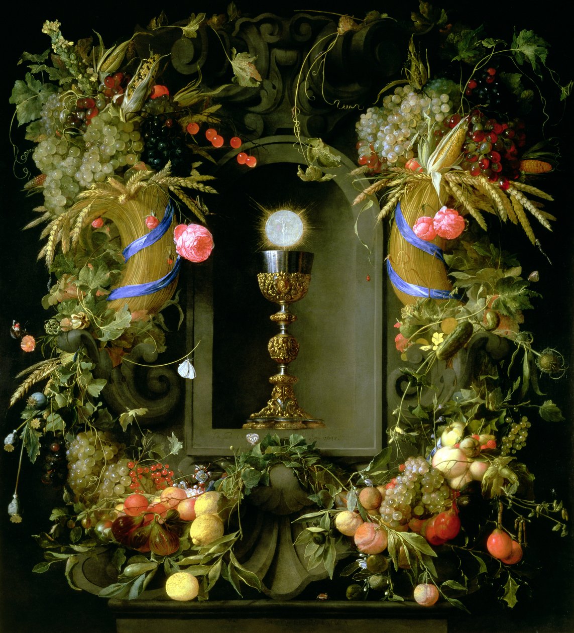 Přijímání pohár a hostie, obklopené girlandou z ovoce od Jan Davidsz de Heem
