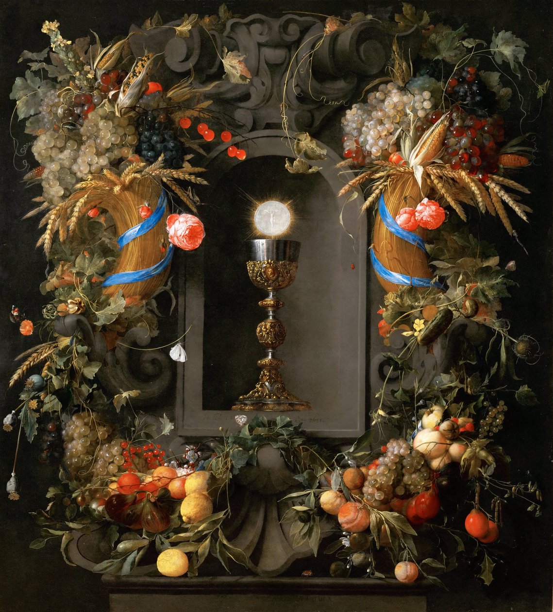 Eucharistie v ovocném věnci - Jan Davidsz. de Heem (1606-1684). Olej na plátně od Jan Davidsz de Heem