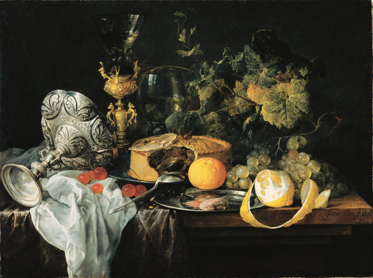 Německy: Nádherné zátiší s ovocem, koláčem a poháry Nádherné zátiší s ovocem, koláčem a poháry, 1651 od Jan Davidsz. de Heem