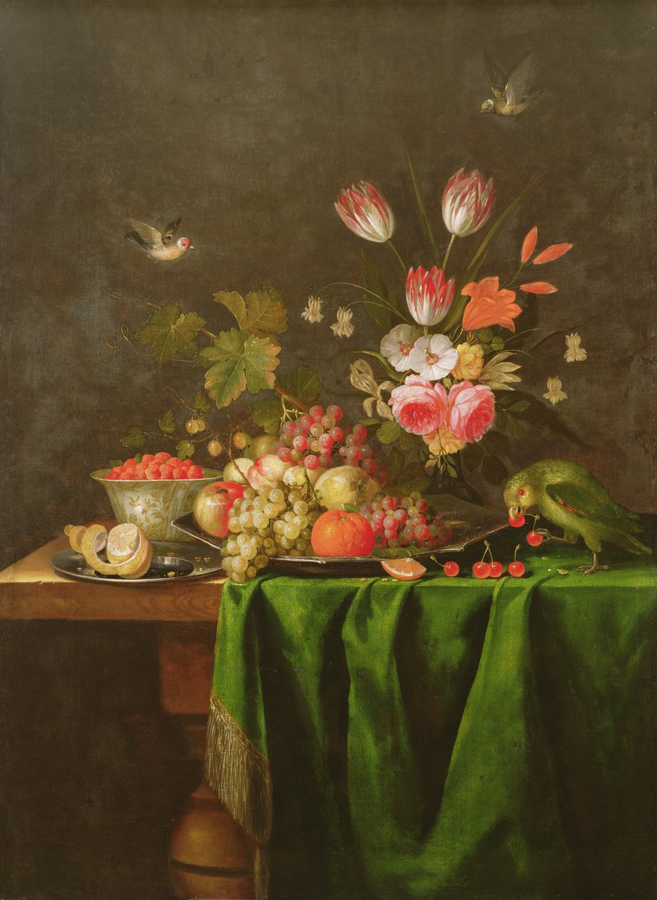 Zátiší z ovoce a květin s papouškem na stole pokrytém zelenou látkou (podrobnosti viz 100412) od Jan Davidsz de Heem