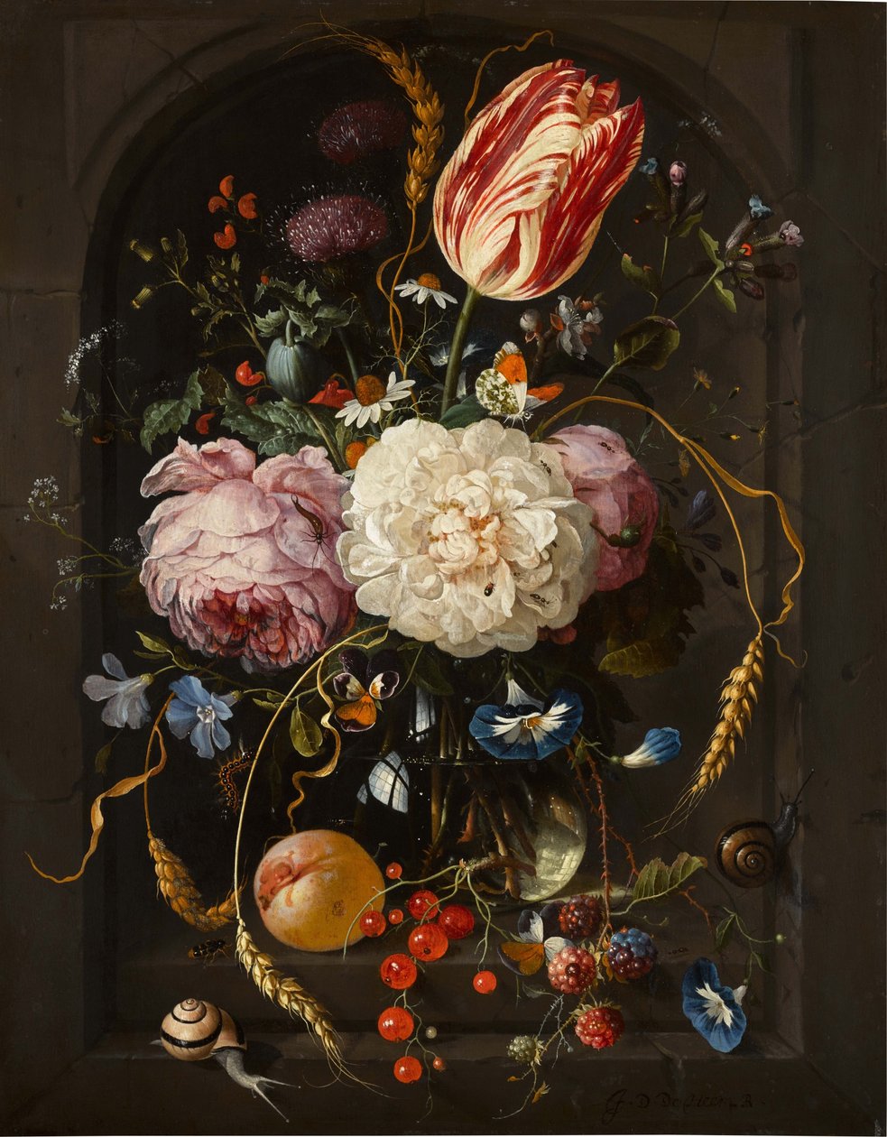 Zátiší květin ve skleněné váze s hmyzem a ovocem v kamenné nice od Jan Davidsz. de Heem