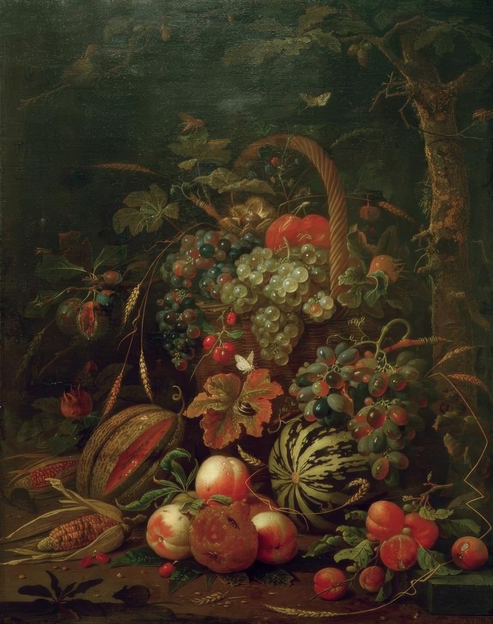 Zátiší s košíkem ovoce, dýní, melounem a broskvemi na dubu od Jan Davidsz de Heem