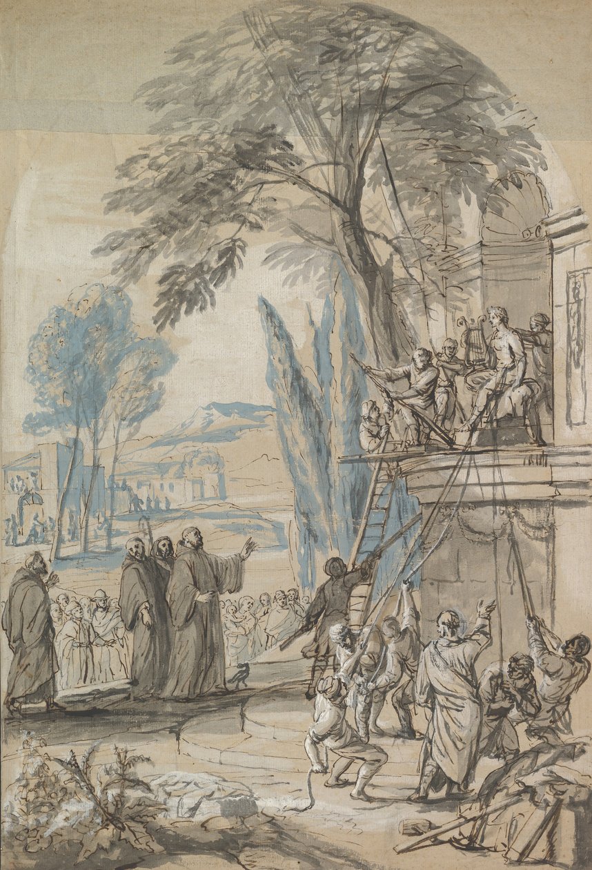 Benedikt z Nursie nařídil zničení Apollónova chrámu v Monte..., polovina 17.–začátek 18. století od Jan Erasmus Quellinus