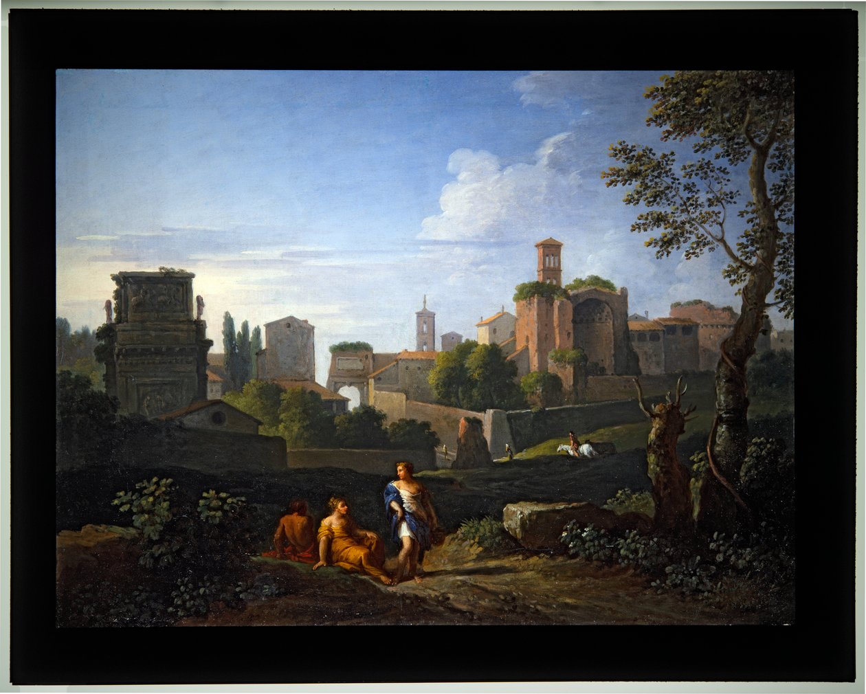 Soubor čtyř Cappricio; (4) Konstantinův a Titův oblouk Věž Campidoglio, Venušin chrám a hodinová věž Santa Francesca Ronana (plátno) od Jan Frans van (1662-1749) Bloemen