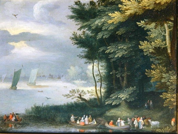 Břehy jezera s postavami naloďujícími se na veslice (olej na plátně) od Jan Frans van Bredael
