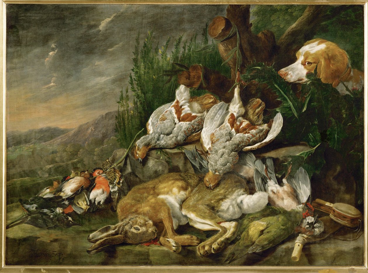 Zajíci a ptáci pozorovaní psem (malba na plátně) od Jan Fyt