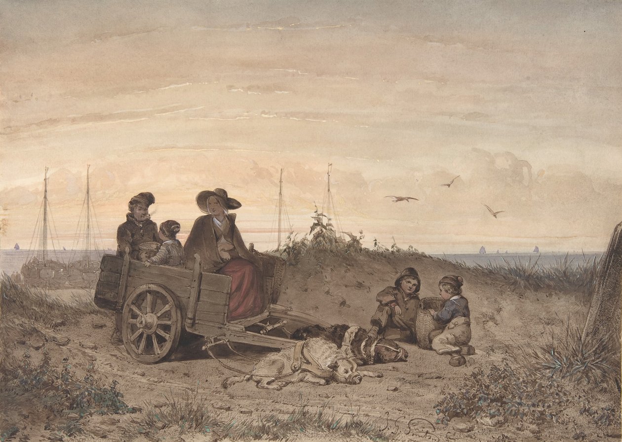 Rybářská rodina na pláži, matka a jedno z dětí sedících ve vozíku, 1855. od Jan Gerard Smits