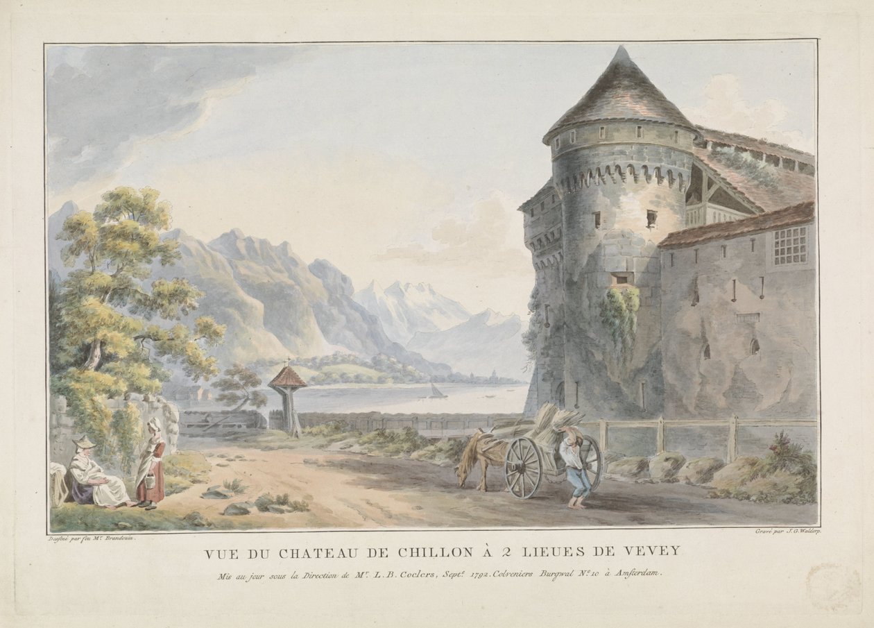 Pohled na hrad Chillon kasteel Vue du Chateau de Chillon à 2 lieues de Vevey (název na objektu) od Jan Gerard Waldorp