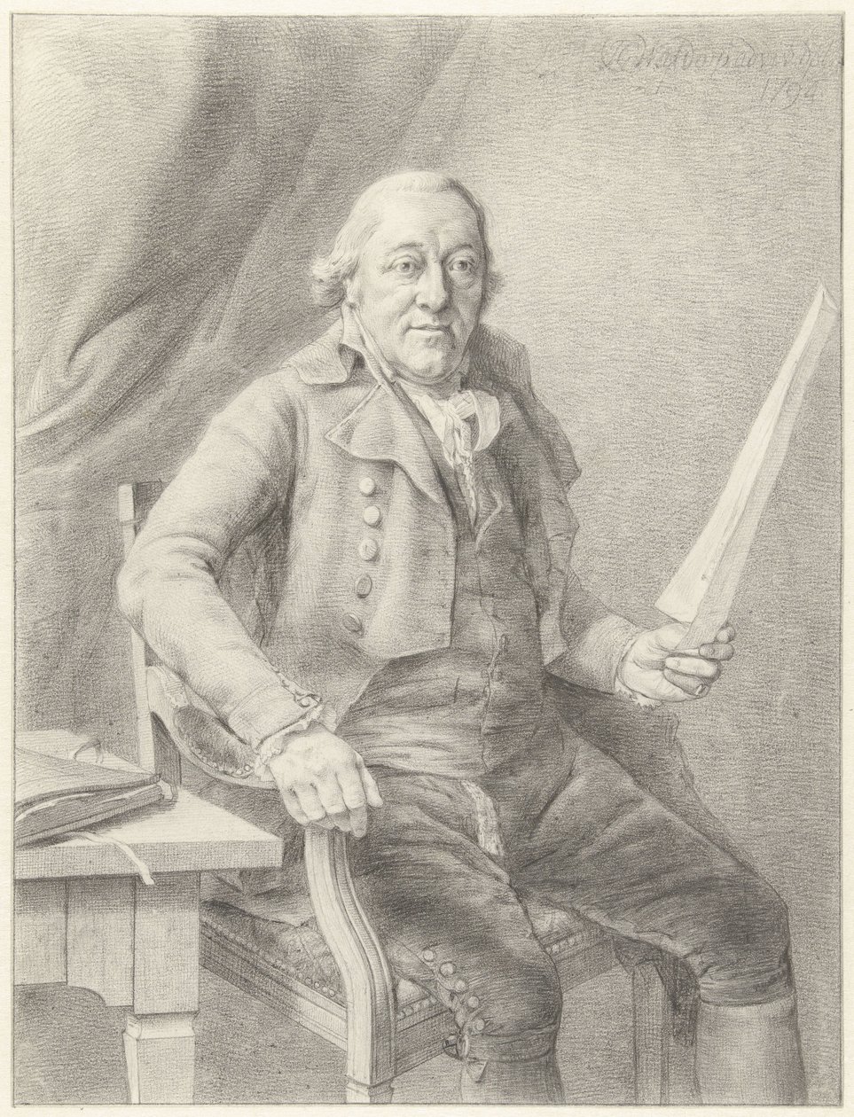 Portrét Reiniera Vinkelese I., sedícího v křesle s listem papíru v ruce od Jan Gerard Waldorp