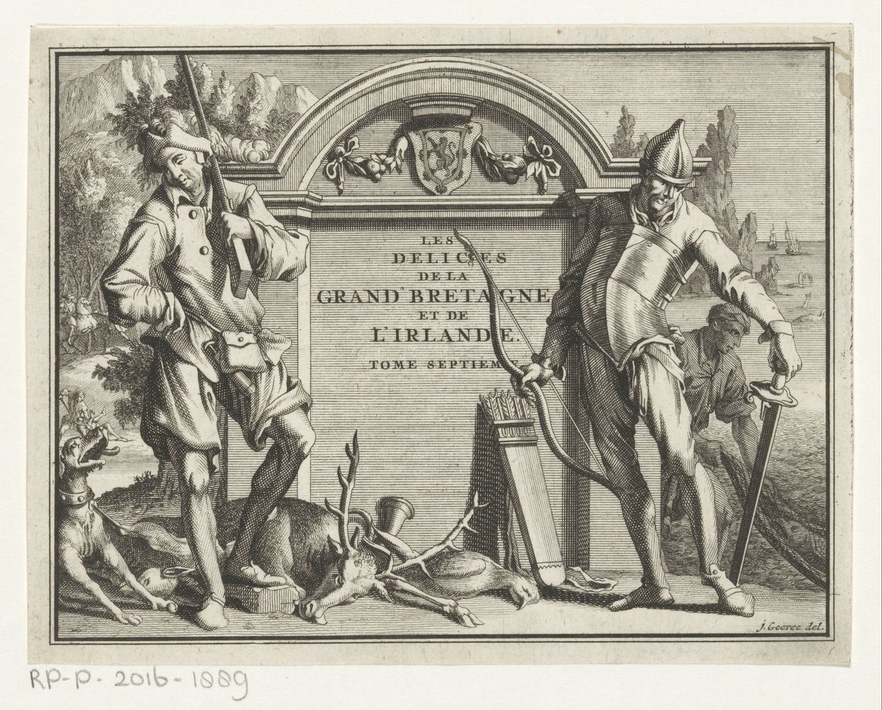 Twee jagers pro architektonické prostředí Titulní stránka: James Beeverell, Požitky Velké Británie a Irska, svazek sedm, 1707 od Jan Goeree (possibly)