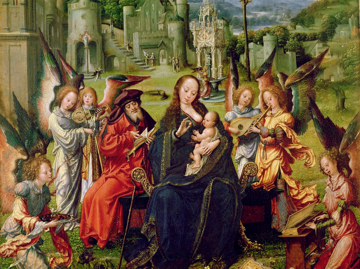 Andělští hudebníci, detail středového panelu triptychu zobrazujícího Svatou rodinu se svatou Kateřinou a svatou Barabárou (olej na dřevě) od Jan Gossaert