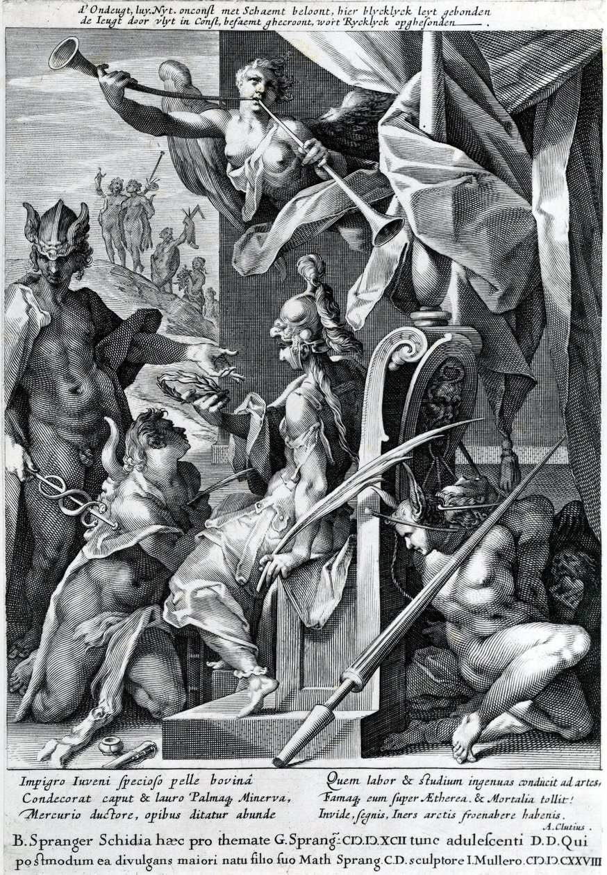 Merkur a Minerva vyzbrojují hrdinu býčí kůží a vavřínovým věncem, 1604 od Jan Harmensz Muller