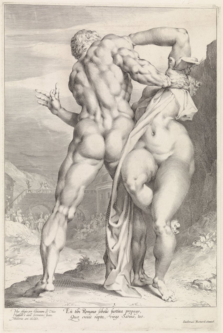 Loupež ženy Sabine, pohled zezadu Loupež Sabine Woman (název série) od Jan Harmensz. Muller
