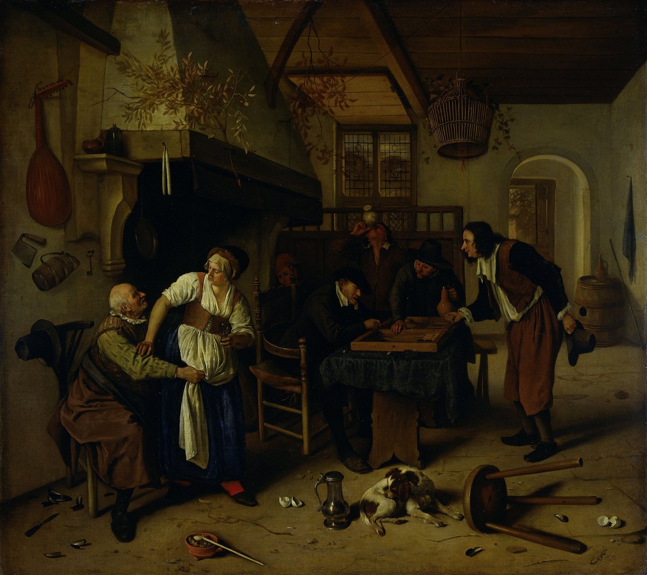 Interiér hostince se starým mužem, který se baví s bytnou a dvěma muži hrajícími vrhcáby, známý jako „Dva druhy her“ od Jan Havicksz. Steen