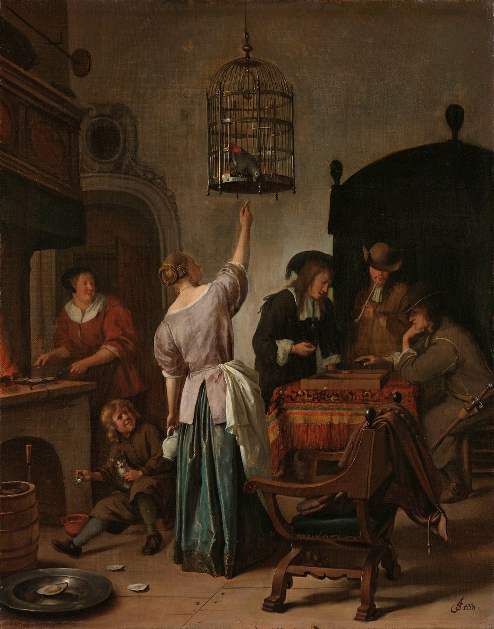 Interiér se ženou krmící papouška, známý jako „Papouší klec“ Interiér se ženou krmící papouška od Jan Havicksz. Steen