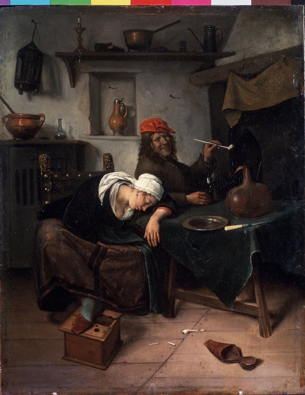 Zahálky. Obraz Jana Havicksze Steena (1626-1679). Olej na dřevě, 39 x 30 cm, kolem roku 1660. Nizozemské umění, barokní sloh. Muzeum Ermitáž, Petrohrad. od Jan Havicksz. Steen