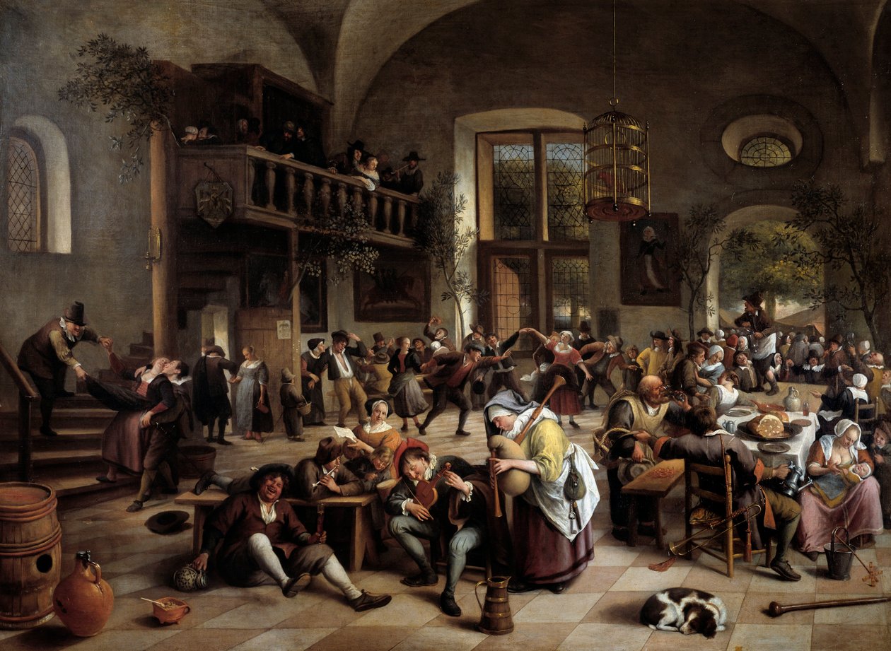 Párty v hostinci Hudebníci, hráči, pijící muži a ženy - Obraz Jana Havicksze (Havicksze) Steena (1626-1679) od Jan Havicksz. Steen