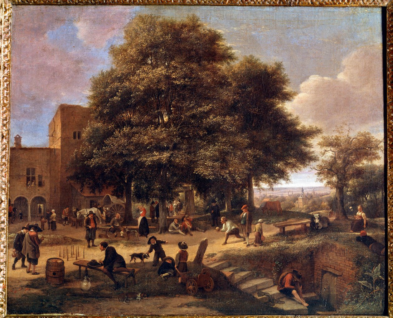 Hra bowlingu Skupina rolníků hrajících a odpočívajících na statku. Obraz Jana Steena (1626-1679) od Jan Havicksz. Steen