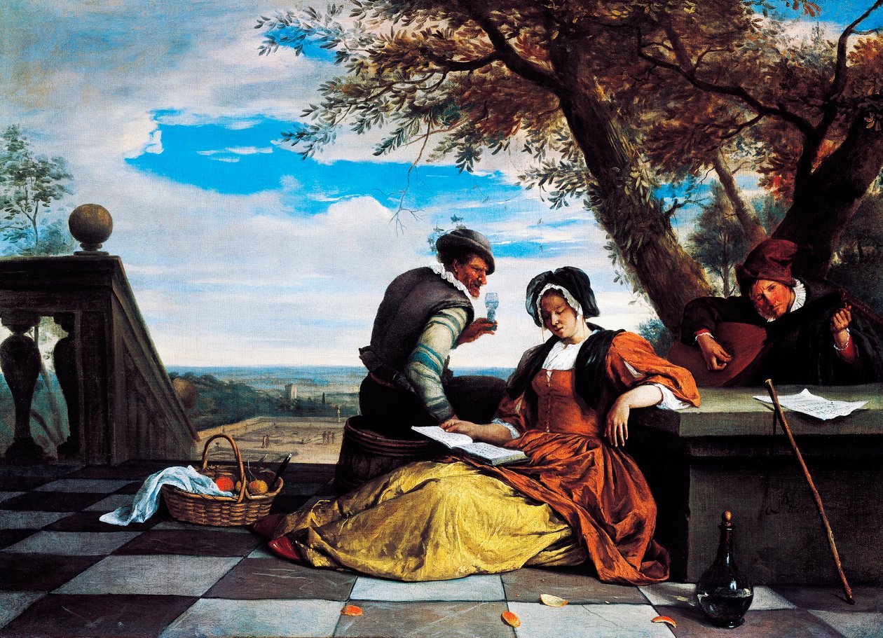 Dva muži a mladá žena dělat hudbu na terase od Jan Havicksz. Steen