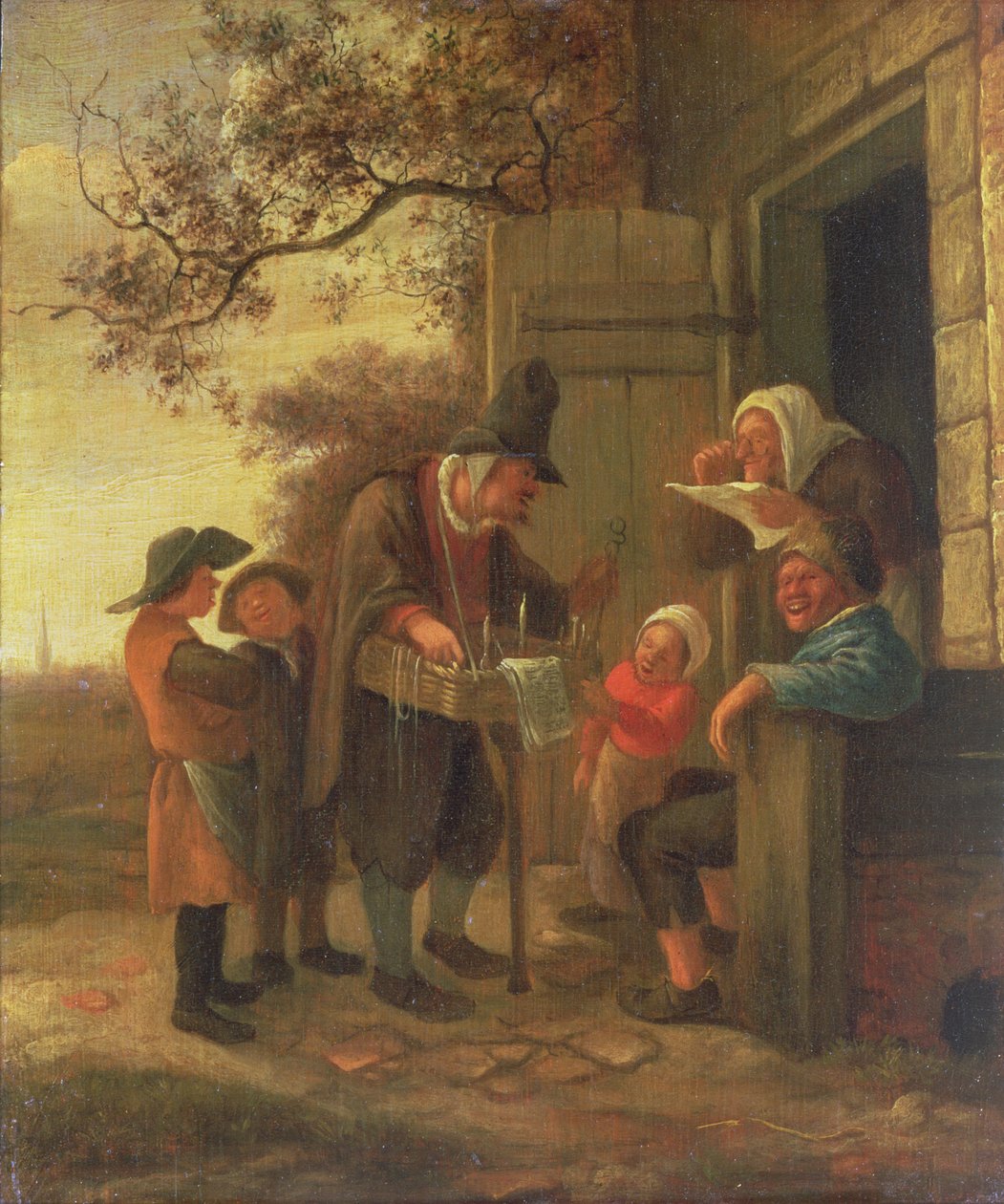 Podomák prodávající brýle mimo chalupu, cca 1650-53 (panel) od Jan Havickszoon Steen