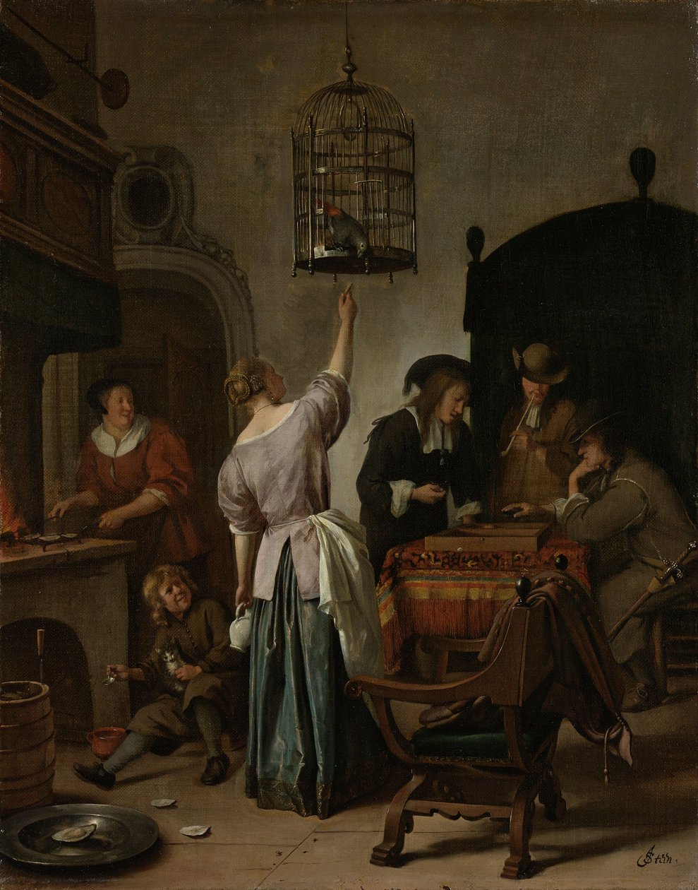 Interiér se ženou krmící papouška, známý jako „Klec pro papoušky“, cca 1660-70 (olej na plátně na panelu) od Jan Havickszoon Steen