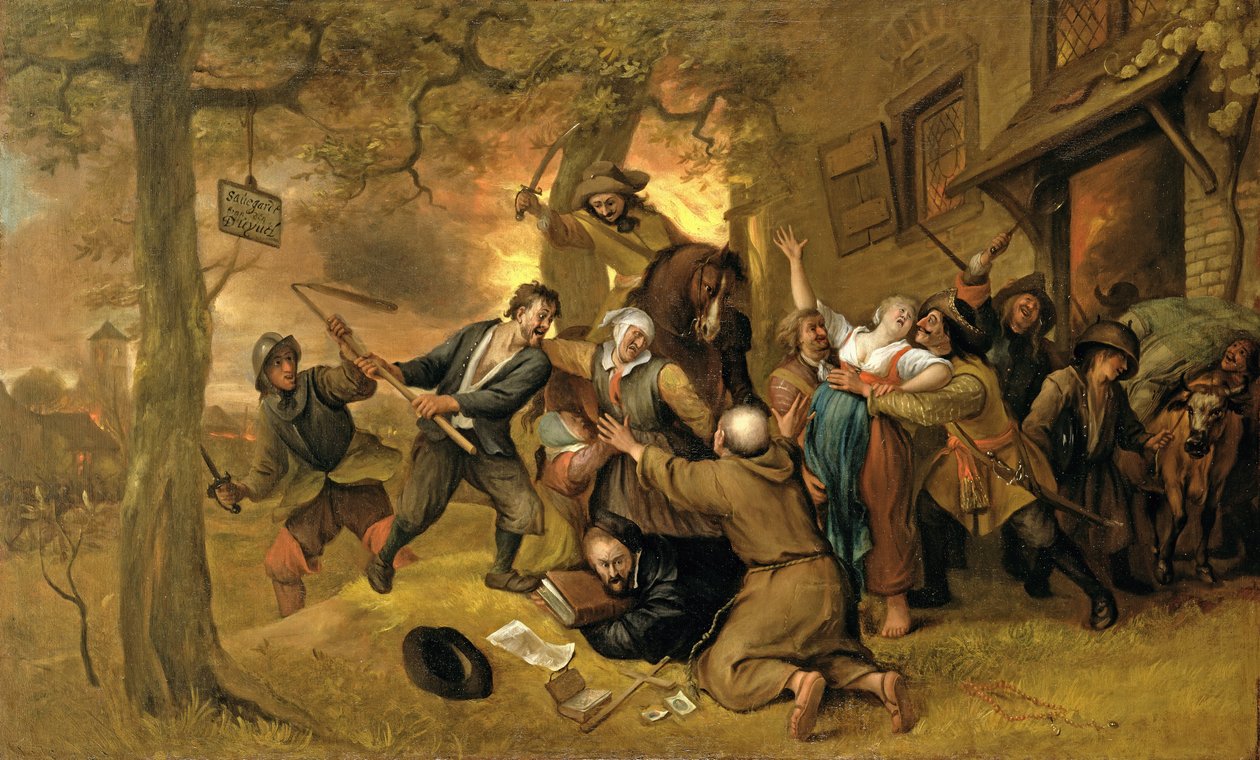 Rolníci a vojáci mimo hospodu - Alegorie znásilnění Nizozemska od Jan Havickszoon Steen