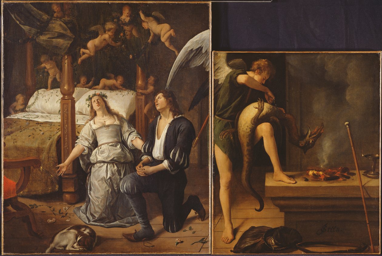 Tobias a Sarah s archandělem Raphaelem vymítajícím démona Asmodea, znovu sestavené ze dvou oddělených fragmentů (zrestaurovaná verze viz 85367) od Jan Havickszoon Steen